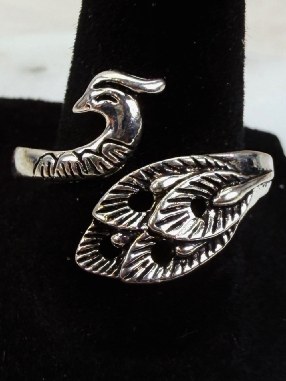 Aged Silvertone costume wrap peacock ring size 9
